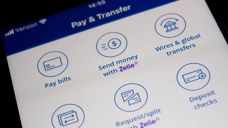 Options to use the Zelle payments network are seen on a Chase mobile banking app in New York...